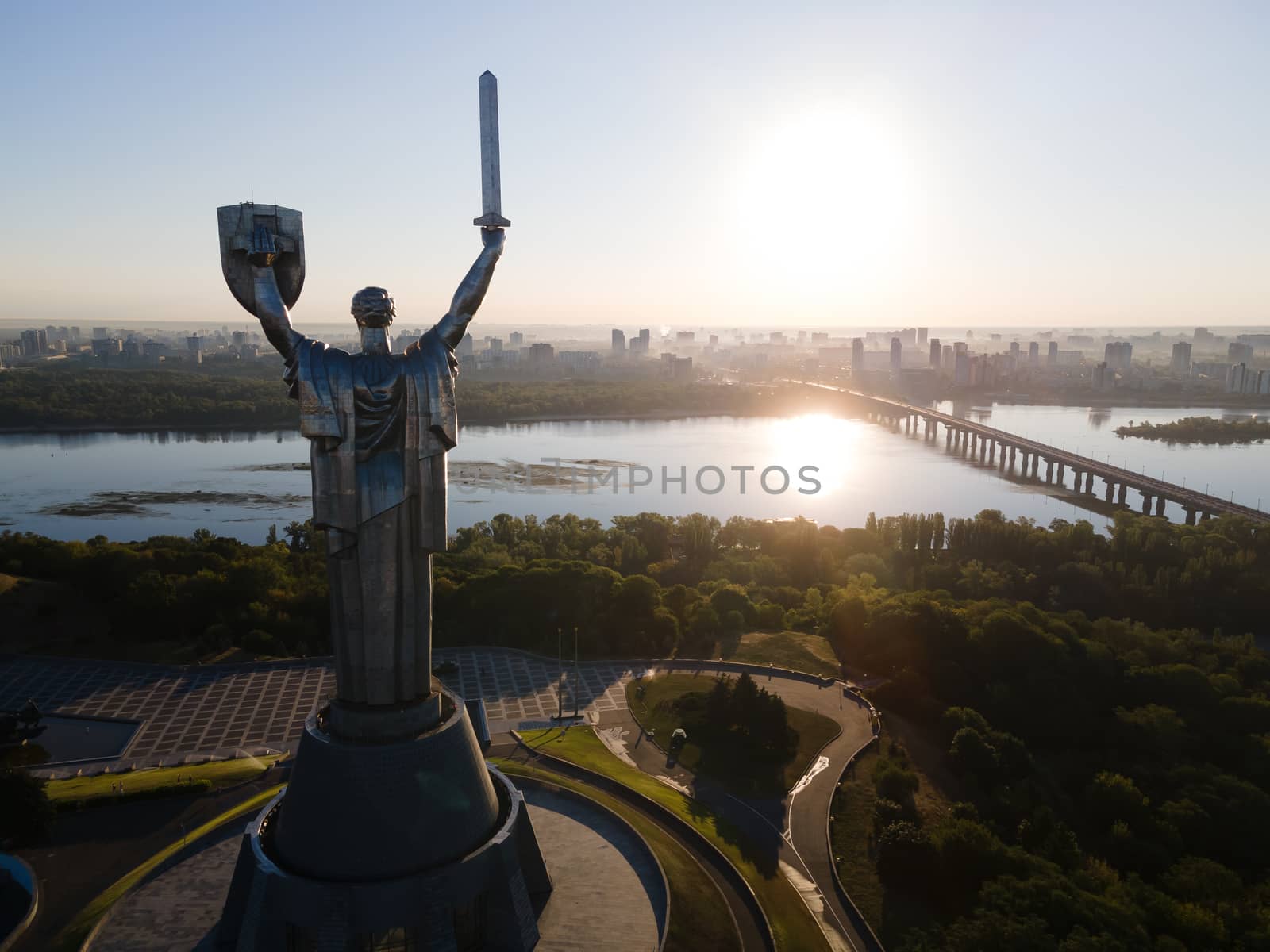 Monument Motherland in the morning. Kyiv, Ukraine. Aerial view by Mykola_Kondrashev