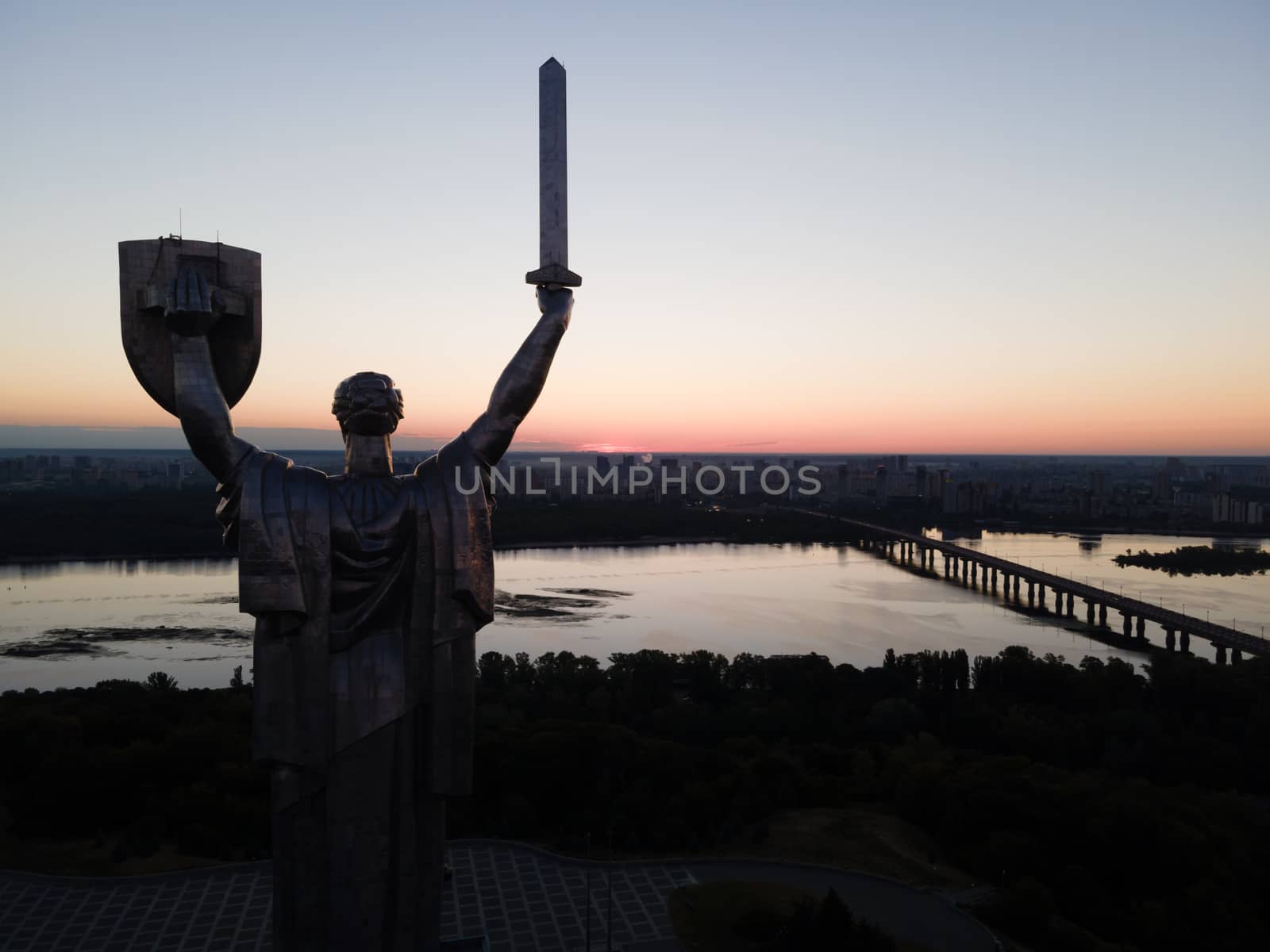 Monument Motherland in the morning. Kyiv, Ukraine. Aerial view by Mykola_Kondrashev