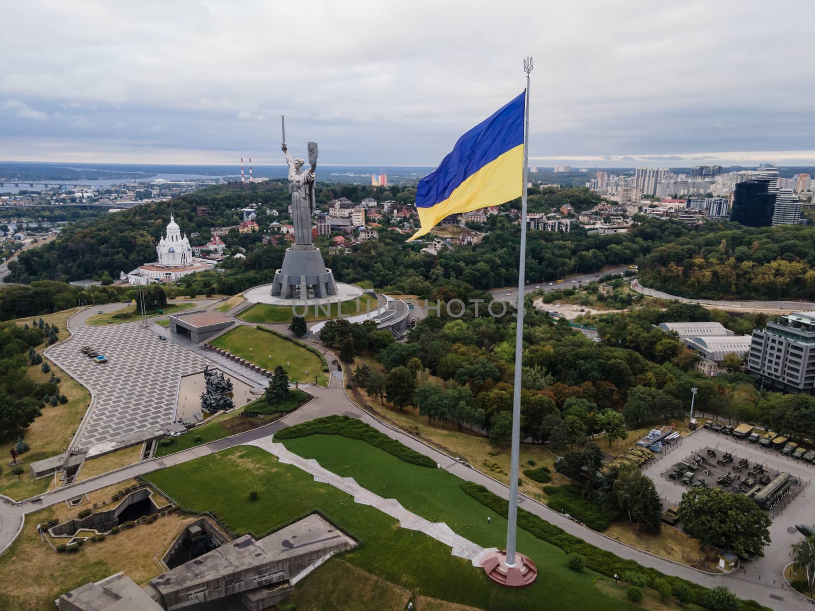 Kyiv - National flag of Ukraine by day. Aerial. Kiev