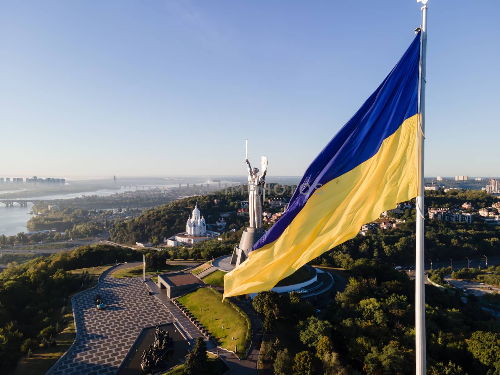 Kyiv - National flag of Ukraine by day. Aerial. Kiev