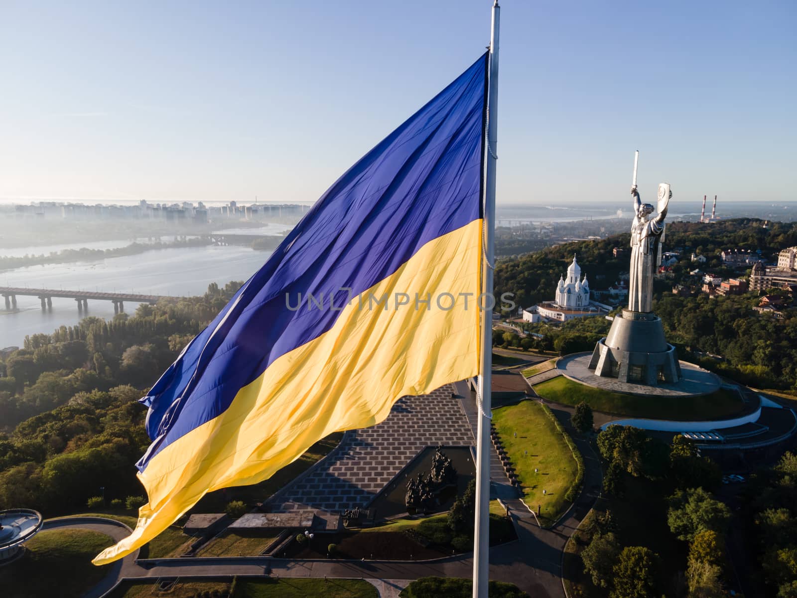 Kyiv - National flag of Ukraine by day. Aerial. Kiev