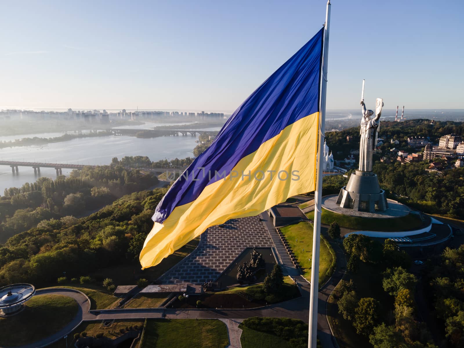 Kyiv - National flag of Ukraine by day. Aerial. Kiev