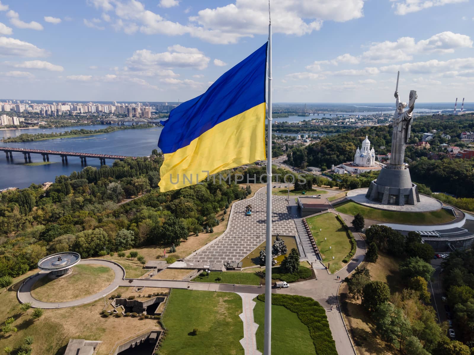 Kyiv - National flag of Ukraine by day. Aerial. Kiev