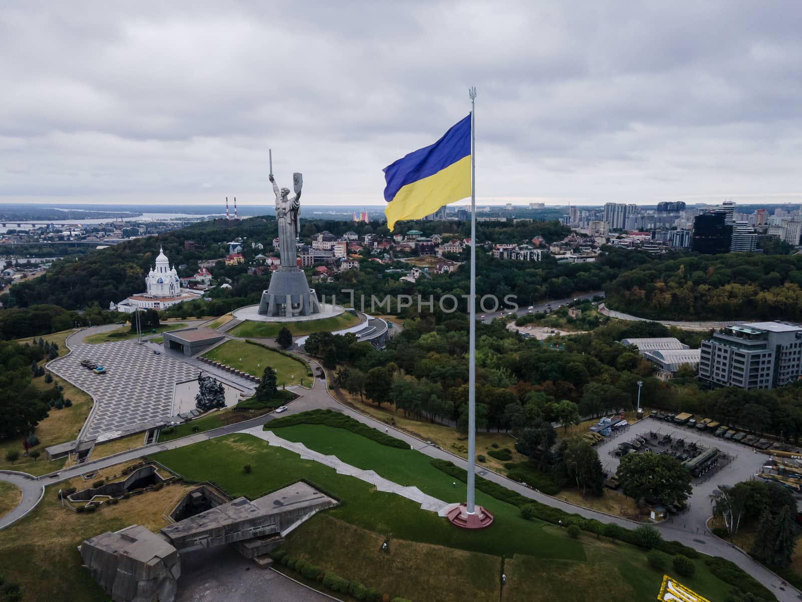 Kyiv - National flag of Ukraine. Aerial view. Kiev by Mykola_Kondrashev