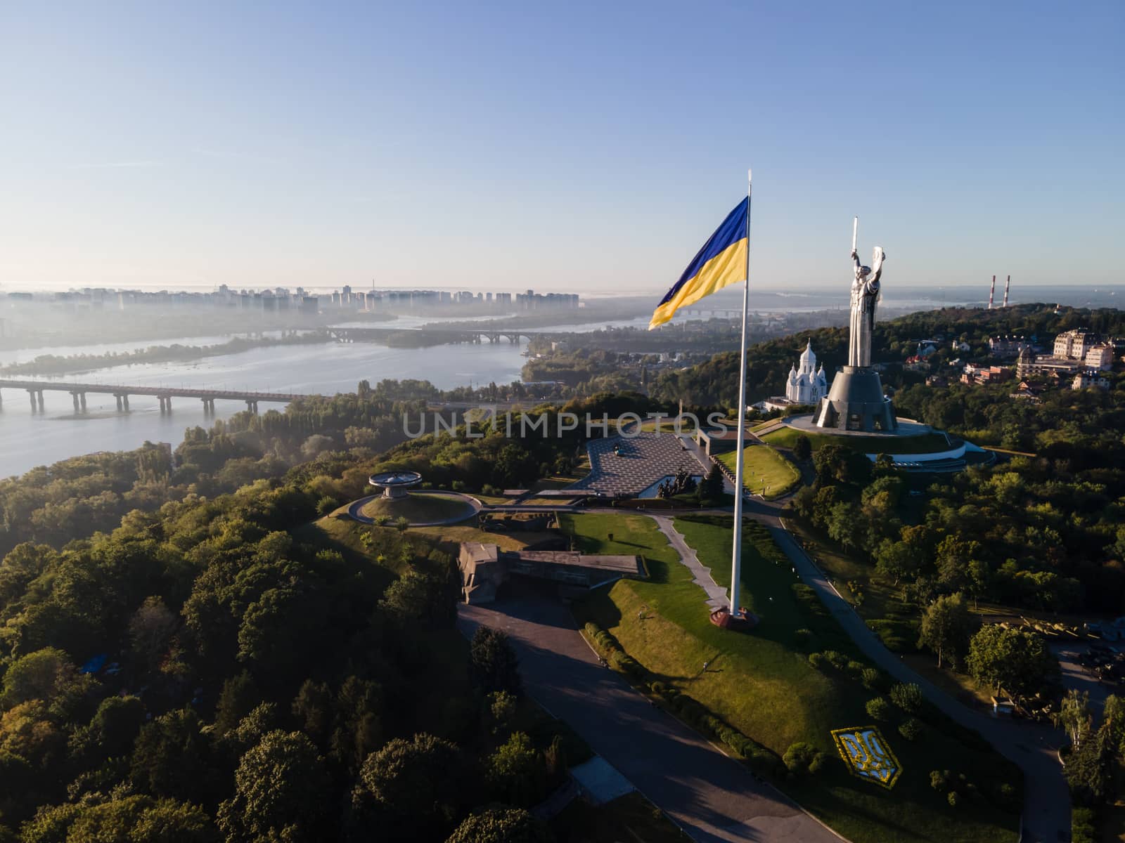 Kyiv - National flag of Ukraine. Aerial view. Kiev by Mykola_Kondrashev