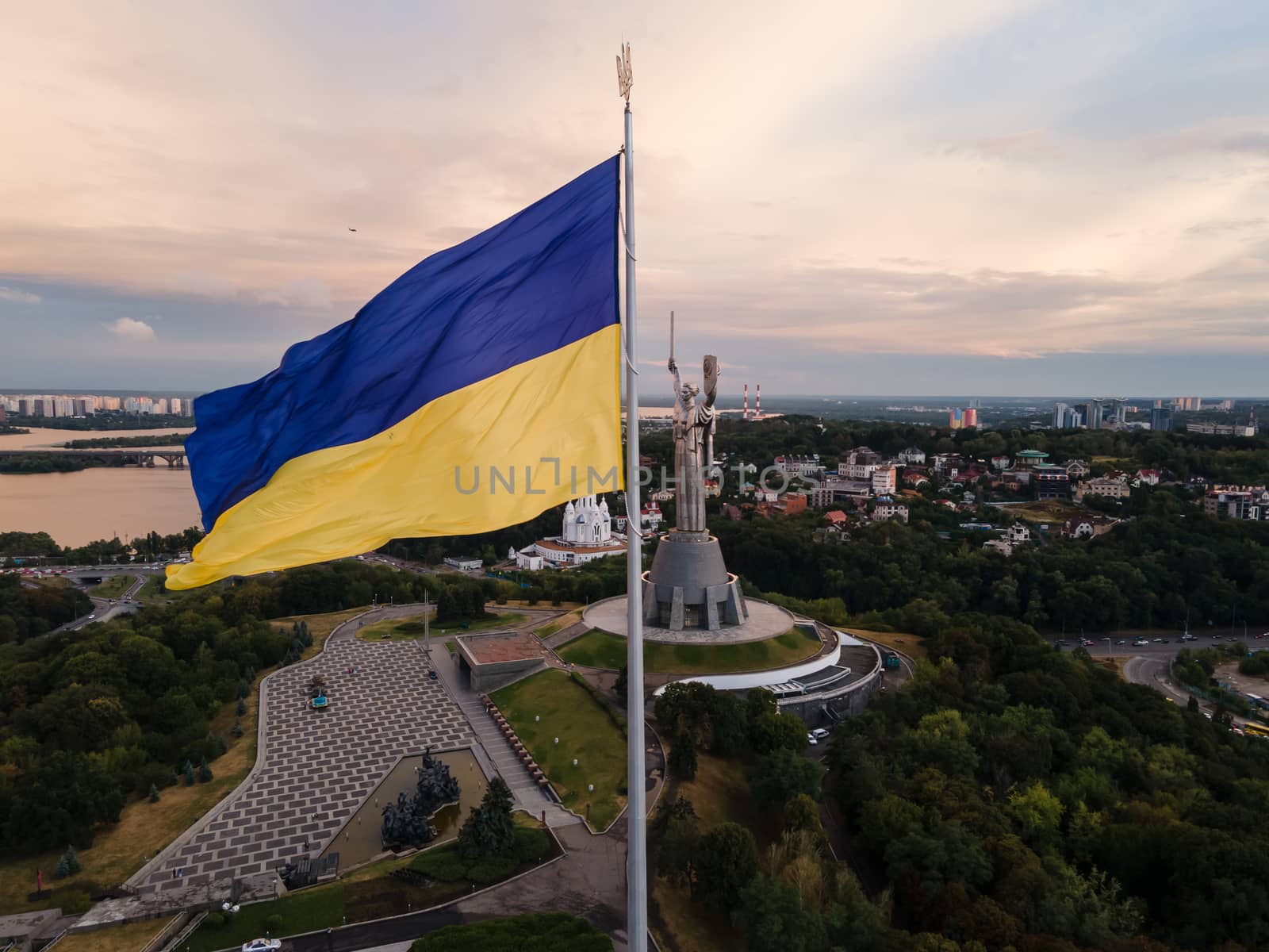 Kyiv - National flag of Ukraine by day. Aerial. Kiev