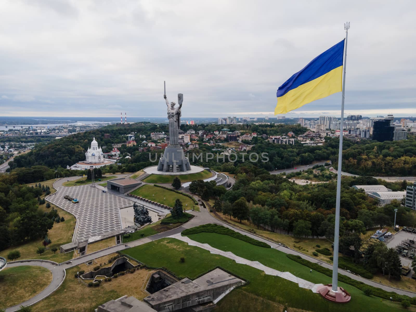 Kyiv - National flag of Ukraine by day. Aerial. Kiev