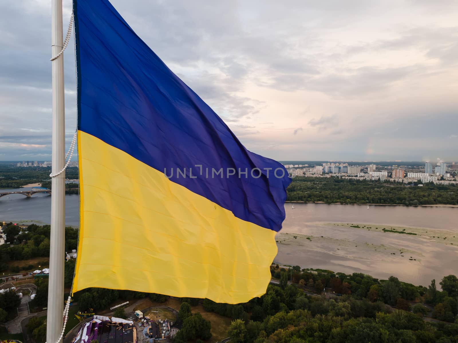 Kyiv - National flag of Ukraine by day. Aerial. Kiev