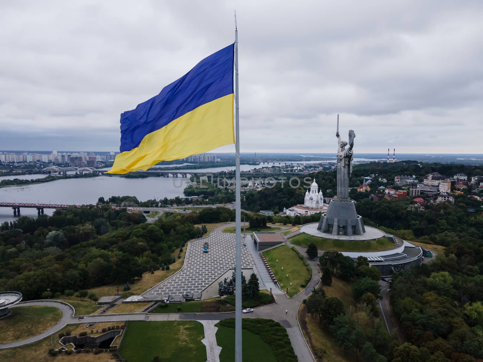 Kyiv - National flag of Ukraine by day. Aerial. Kiev