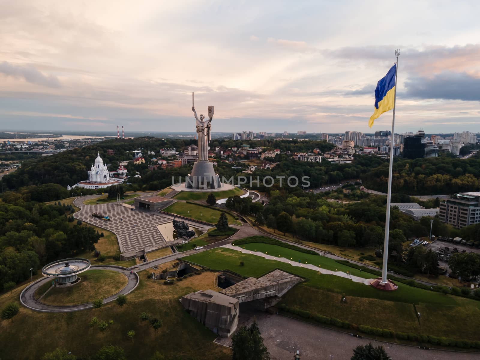 Kyiv - National flag of Ukraine by day. Aerial. Kiev