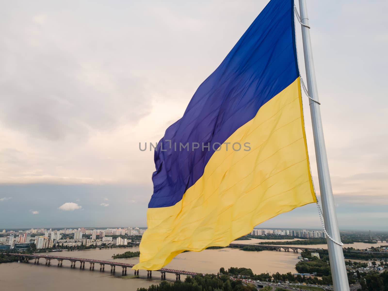 Kyiv - National flag of Ukraine by day. Aerial. Kiev