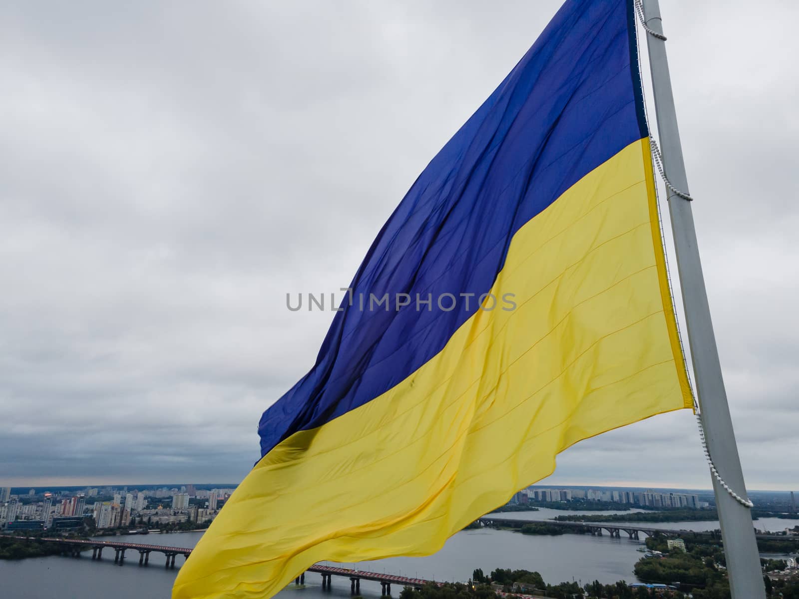 Kyiv - National flag of Ukraine by day. Aerial. Kiev