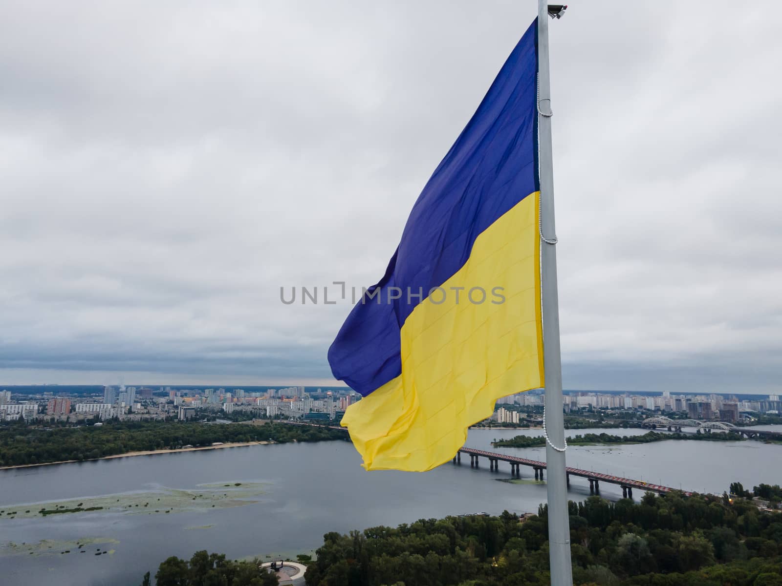 Kyiv - National flag of Ukraine by day. Aerial. Kiev