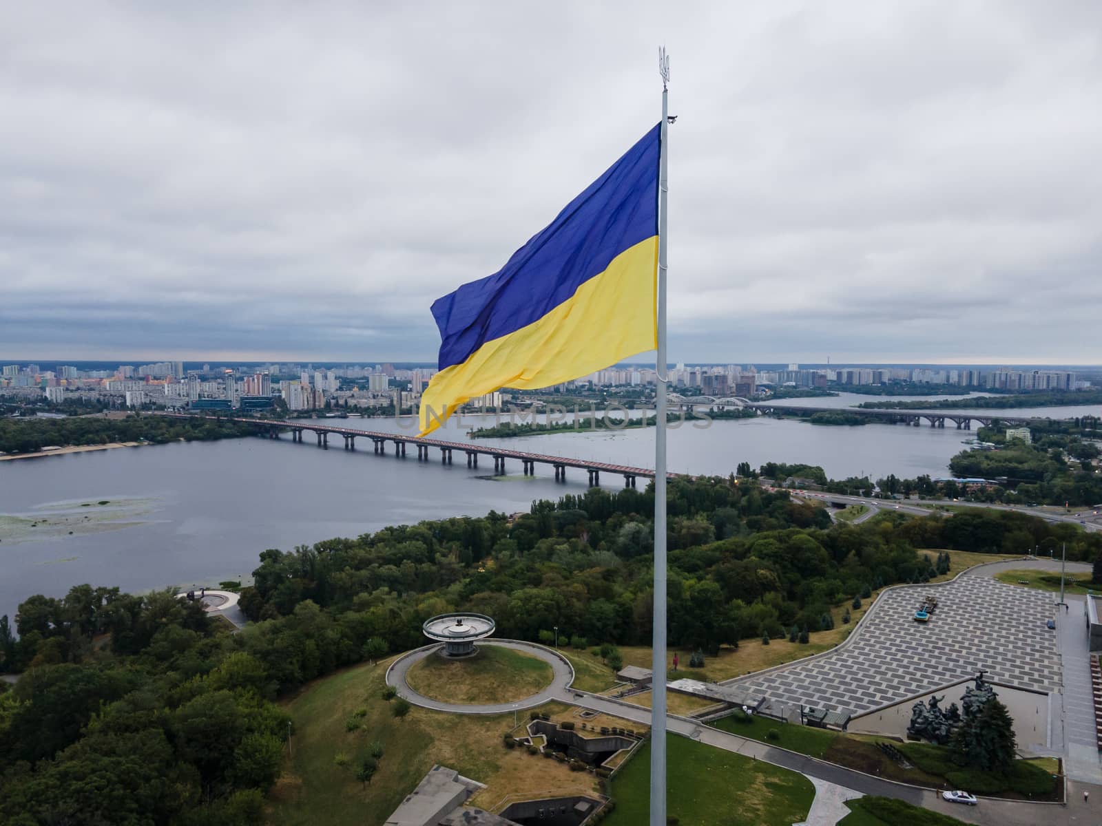 Kyiv - National flag of Ukraine by day. Aerial. Kiev