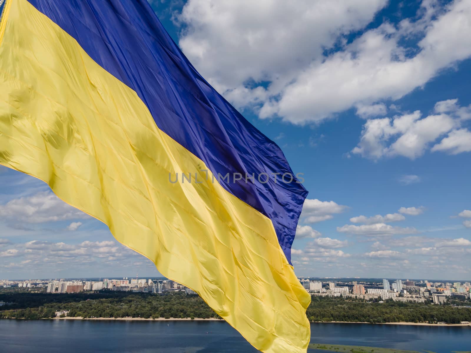 Kyiv - National flag of Ukraine by day. Aerial. Kiev