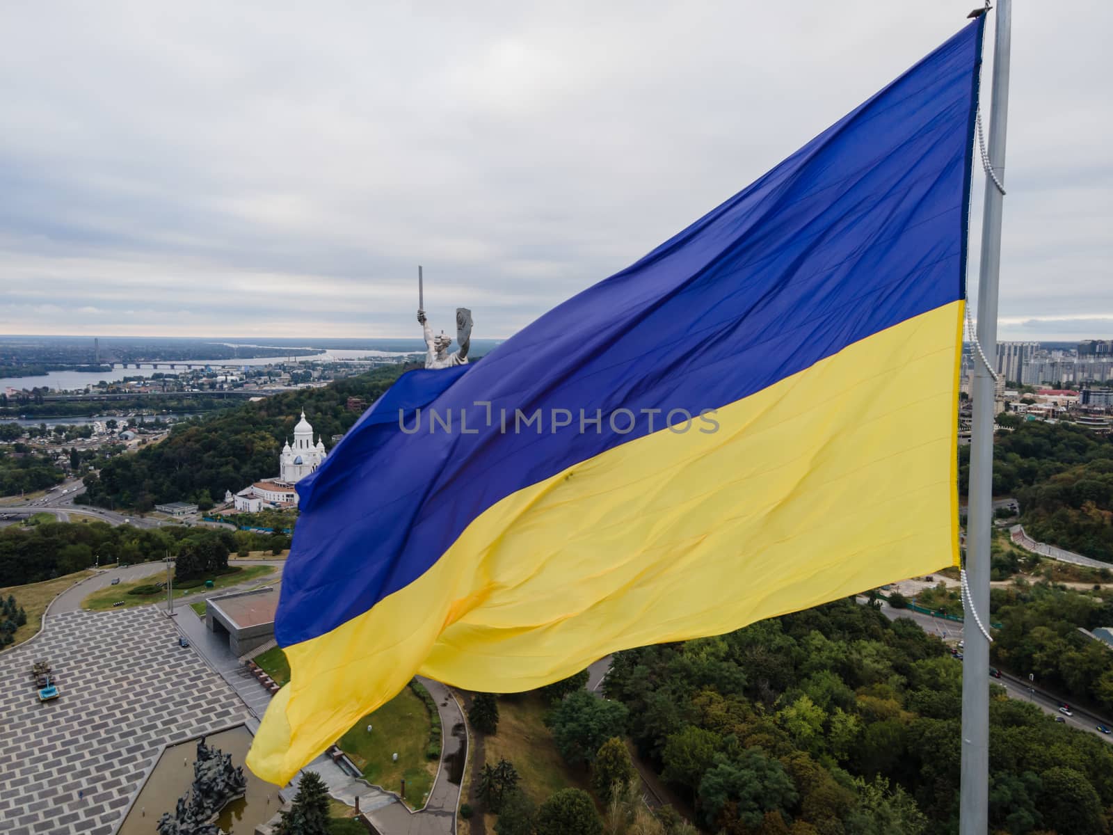 Kyiv - National flag of Ukraine by day. Aerial. Kiev