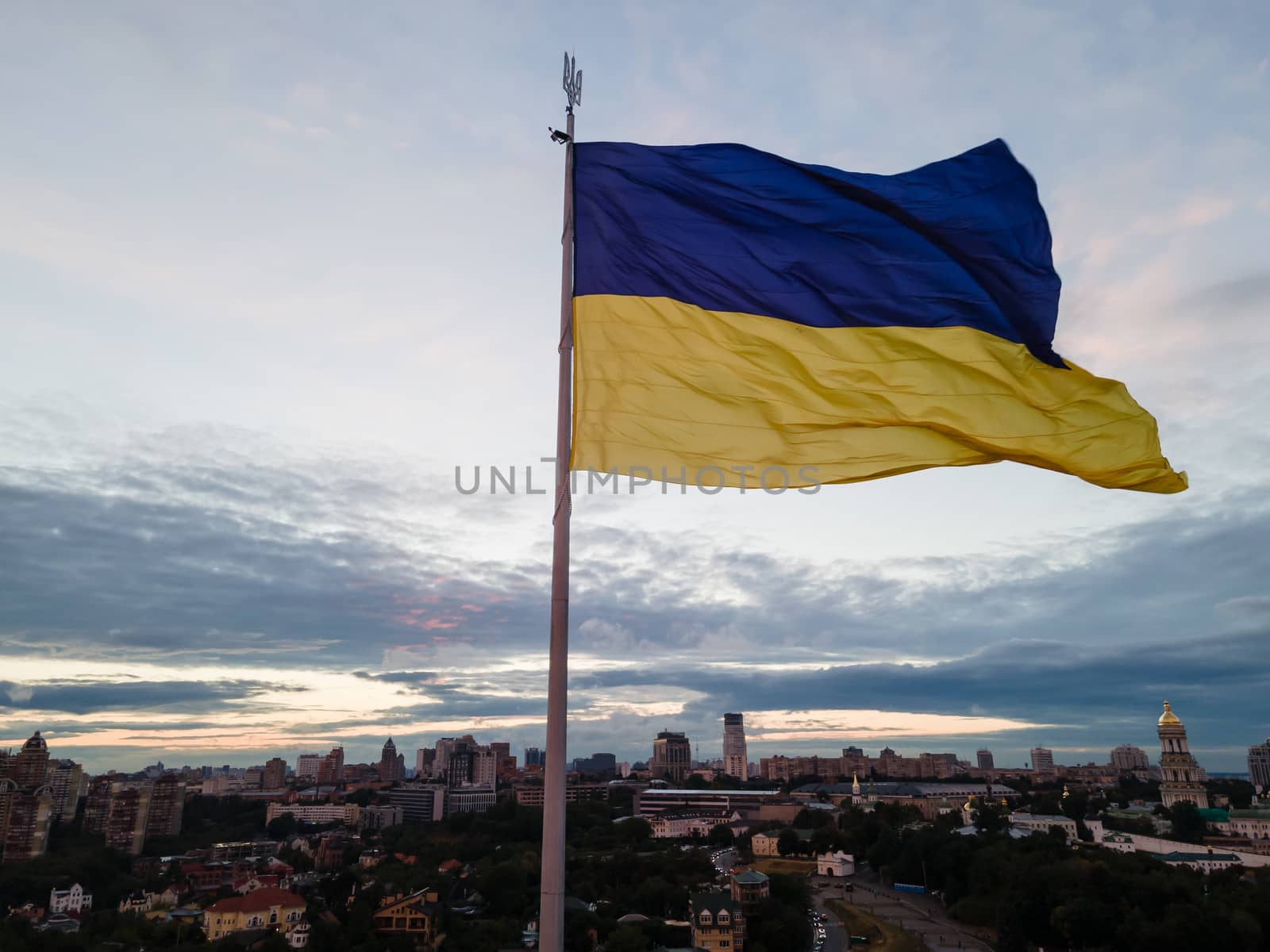 Kyiv - National flag of Ukraine by day. Aerial. Kiev