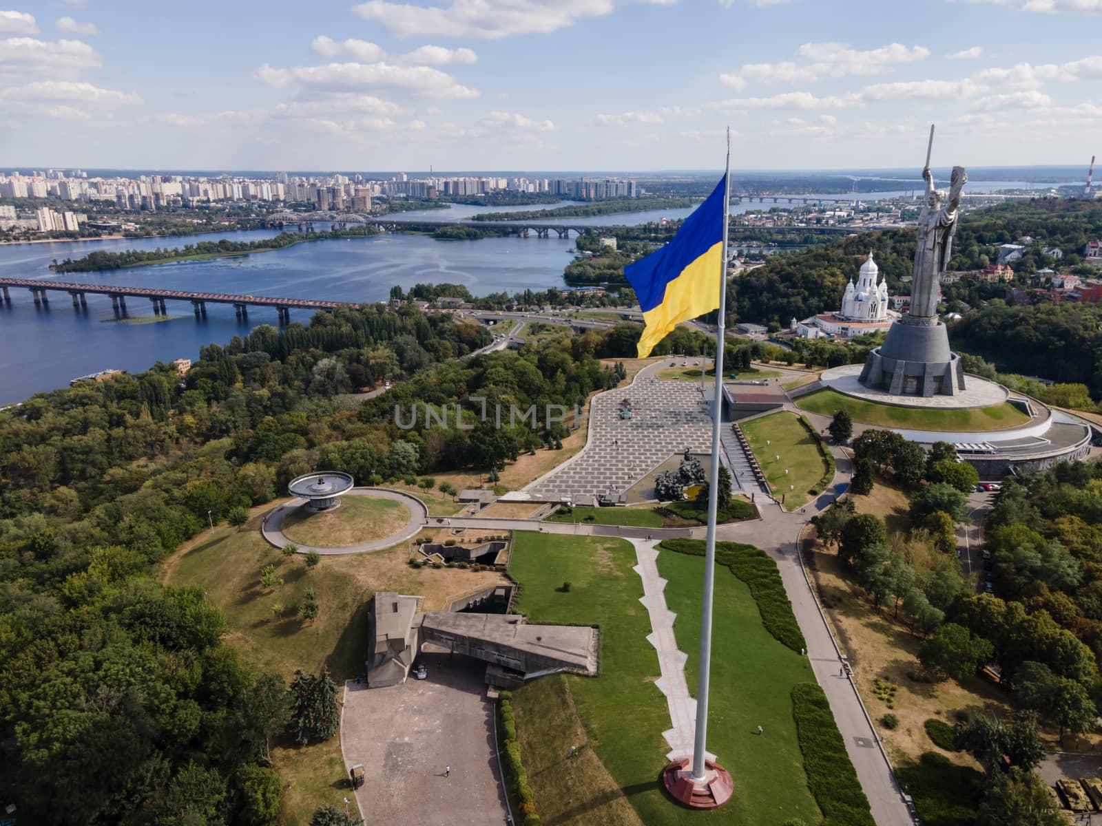 Kyiv - National flag of Ukraine by day. Aerial. Kiev