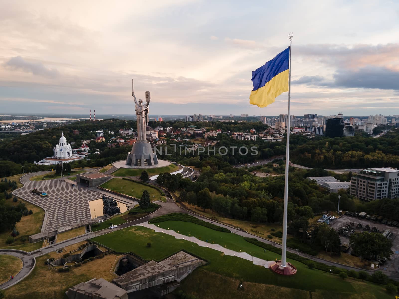 Kyiv - National flag of Ukraine by day. Aerial. Kiev