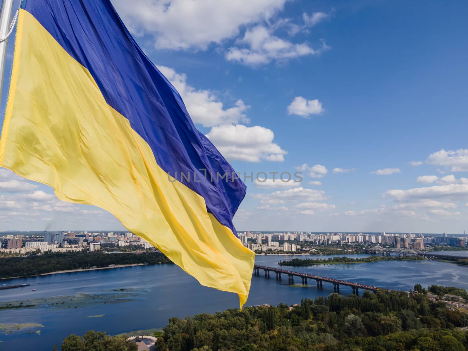 Kyiv - National flag of Ukraine by day. Aerial. Kiev