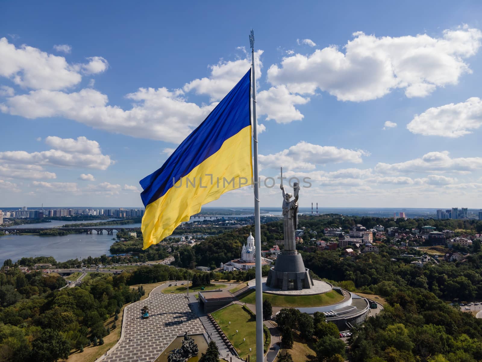 Kyiv - National flag of Ukraine by day. Aerial. Kiev