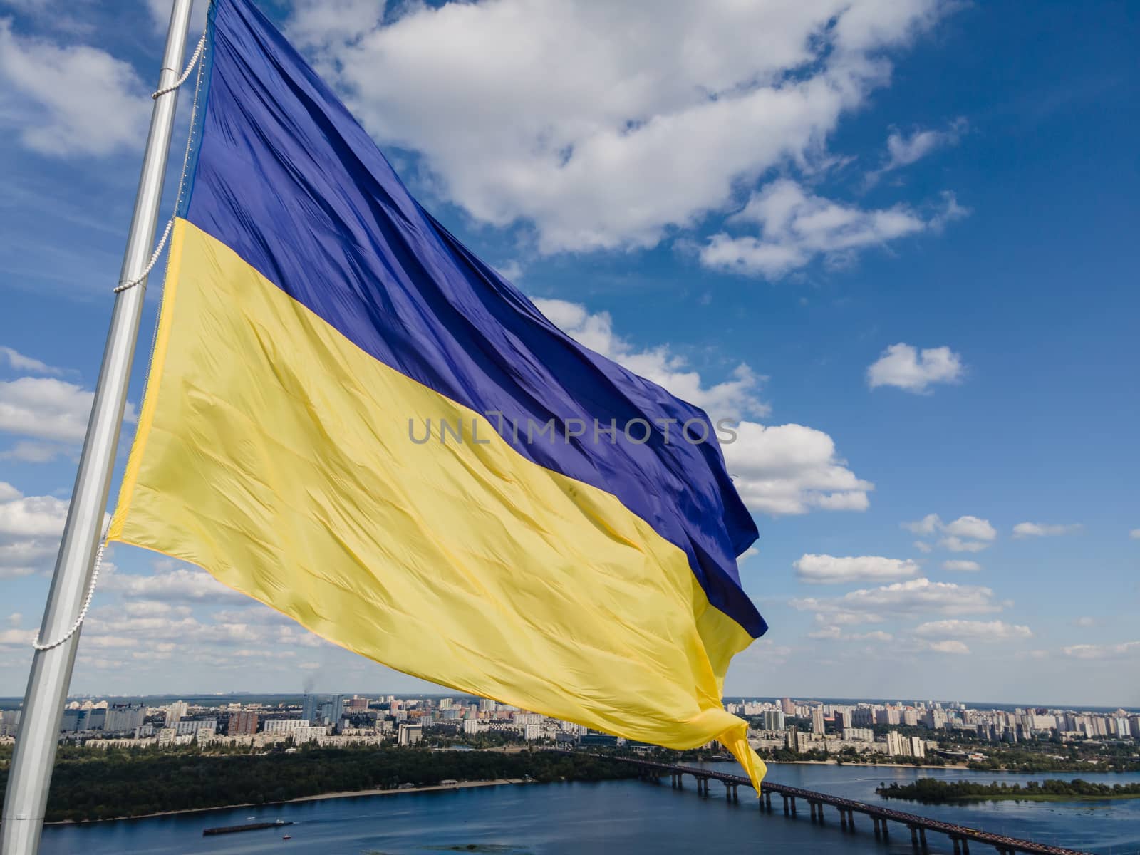 Kyiv - National flag of Ukraine by day. Aerial. Kiev