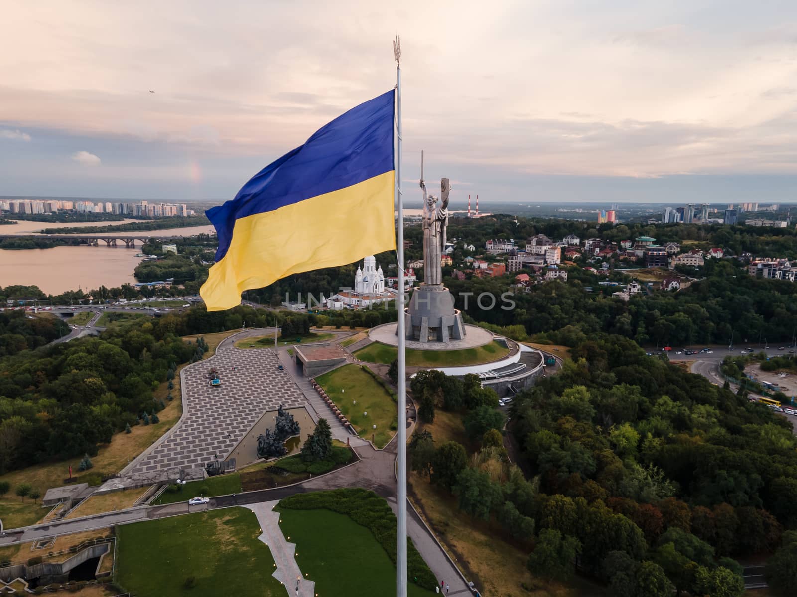 Kyiv - National flag of Ukraine by day. Aerial. Kiev