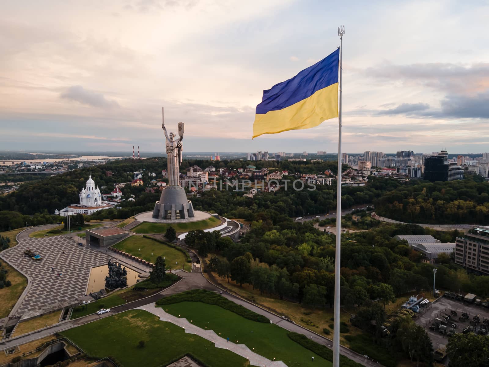 Kyiv - National flag of Ukraine by day. Aerial. Kiev