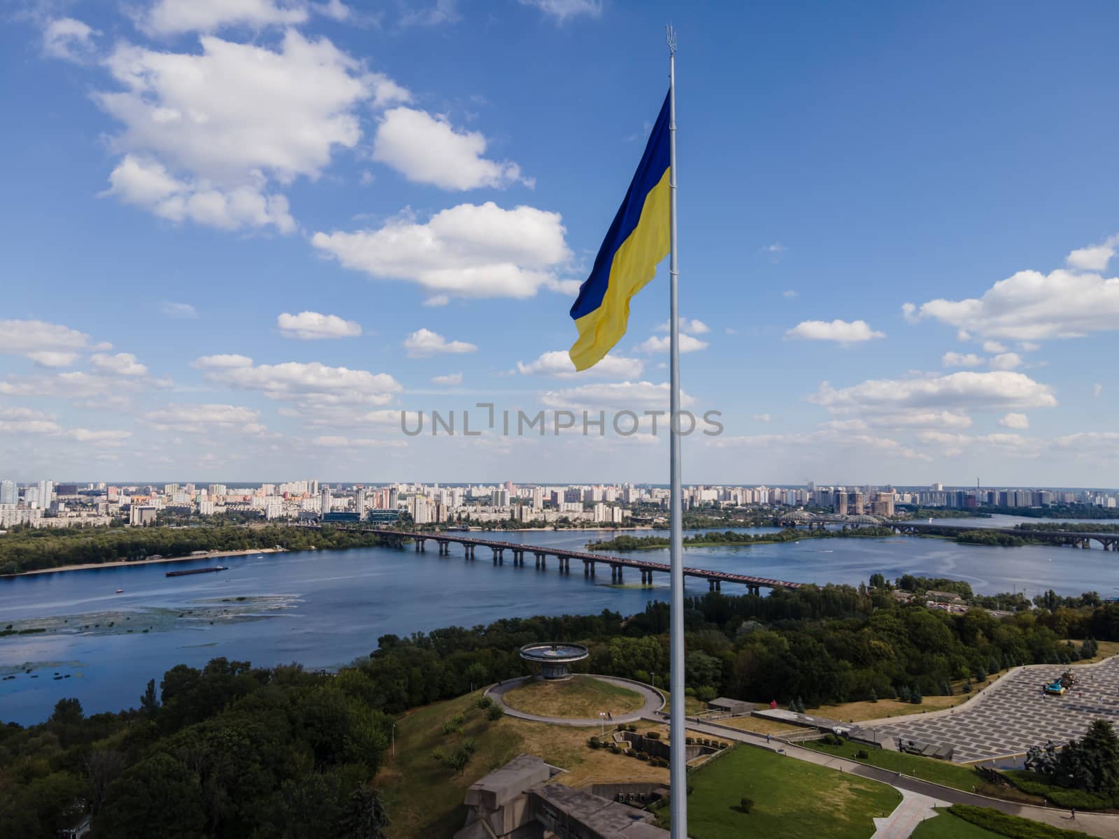 Kyiv - National flag of Ukraine by day. Aerial. Kiev