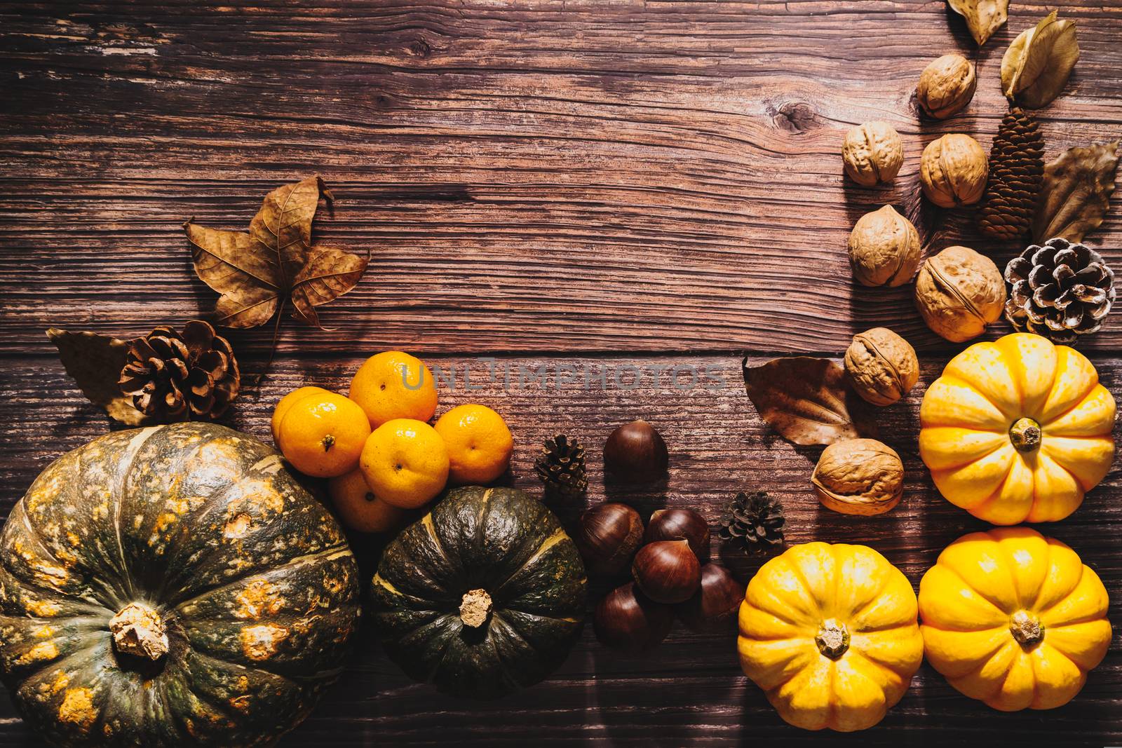 Happy Thanksgiving Day with pumpkin and nut on wooden table