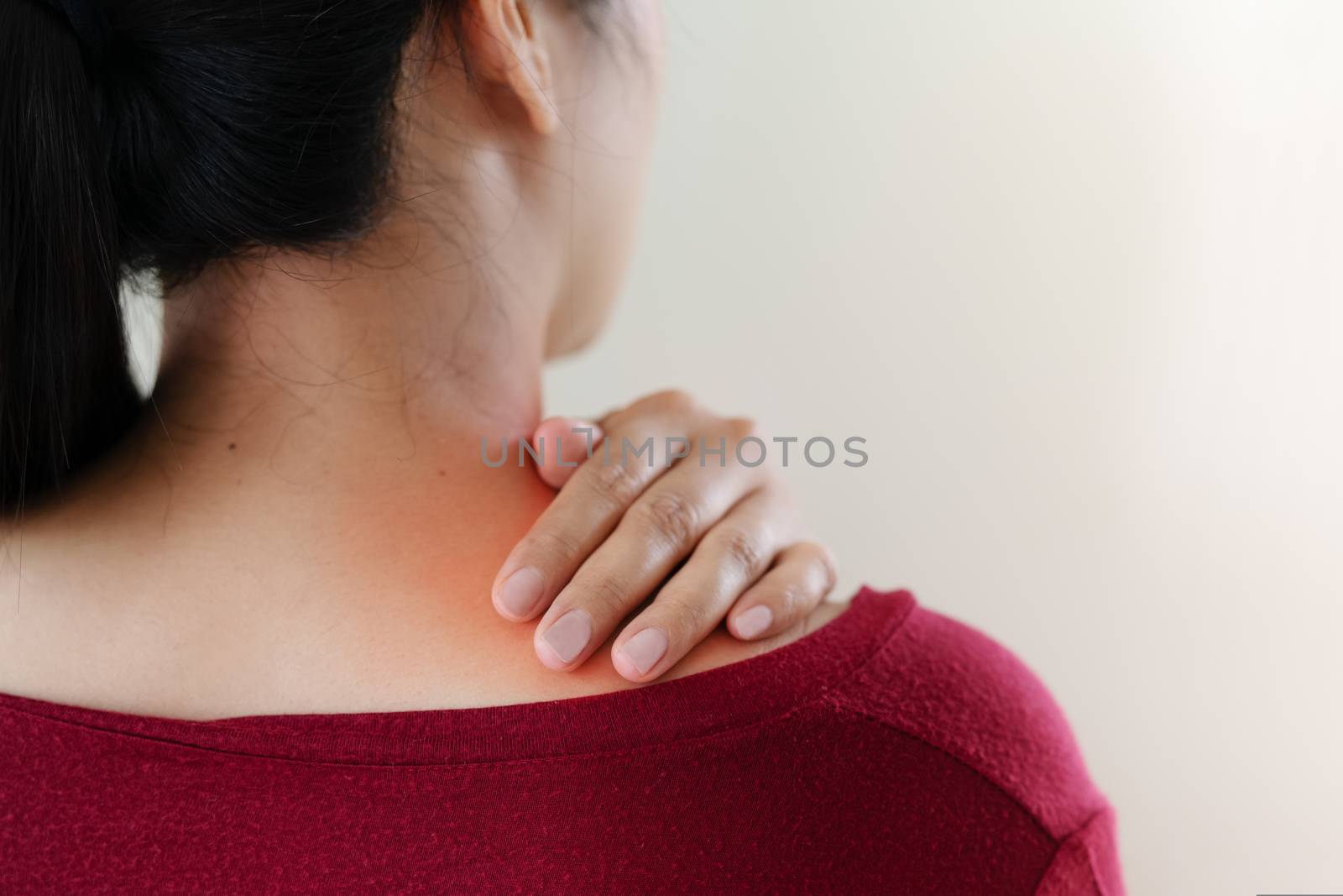 young women neck and shoulder pain injury, healthcare and medical concept