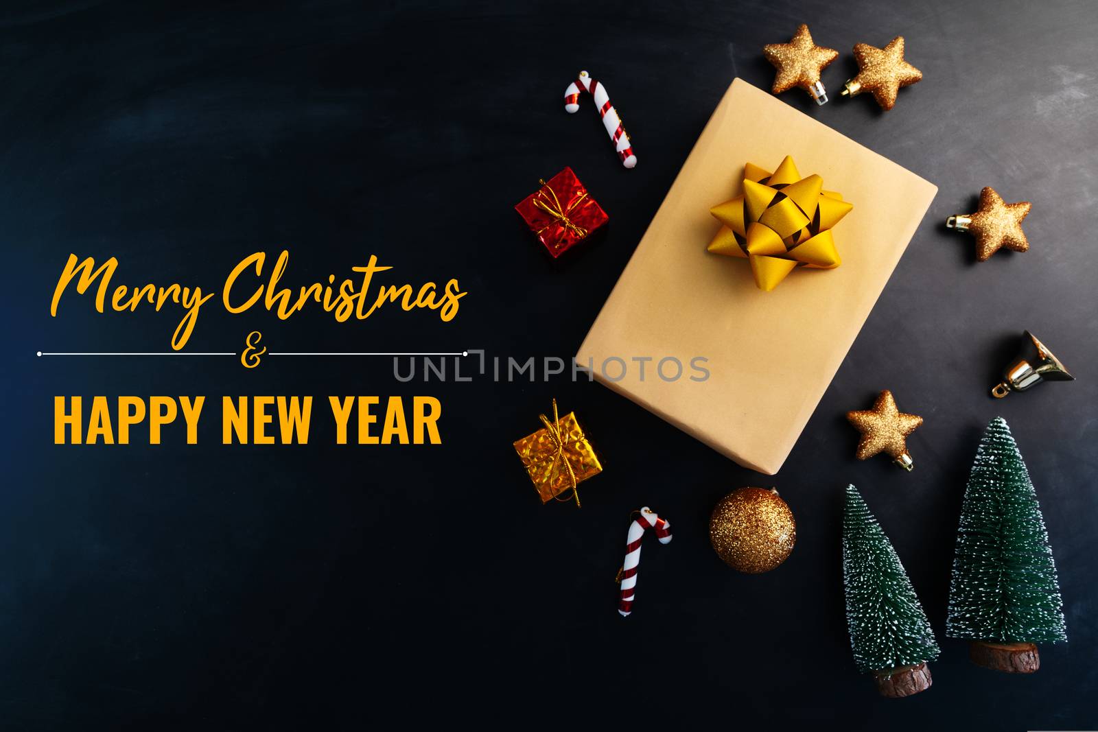 Merry Christmas and Happy New Year, present gift and decoration on black background