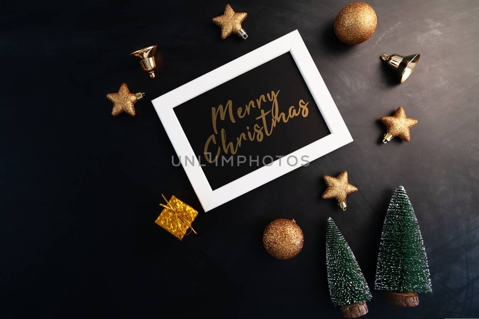 Merry Christmas, photo frame with christmas  decoration on black background