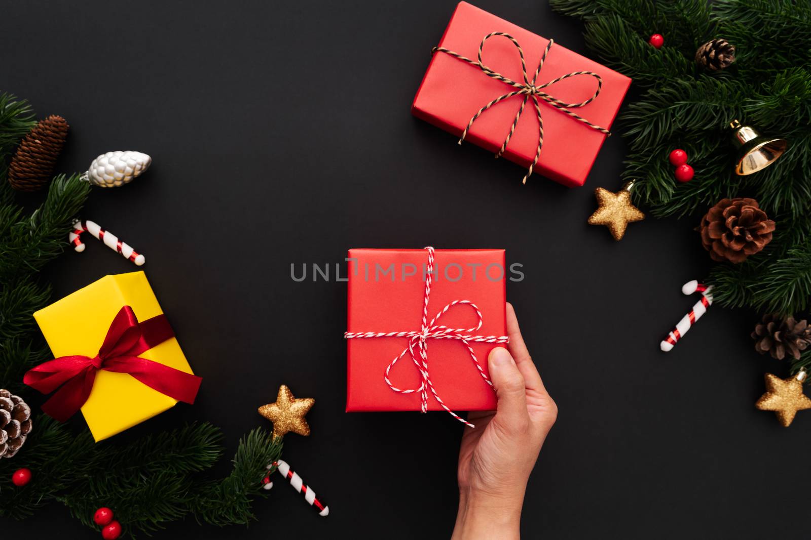 Hand hold christmas gift box with pine tree and xmas decoration on black background