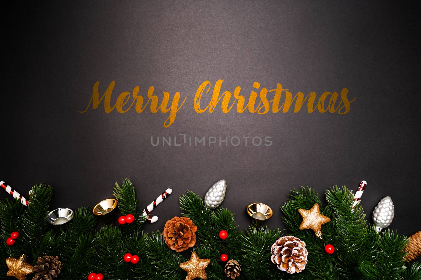 Christmas pine tree with xmas decoration on black background
