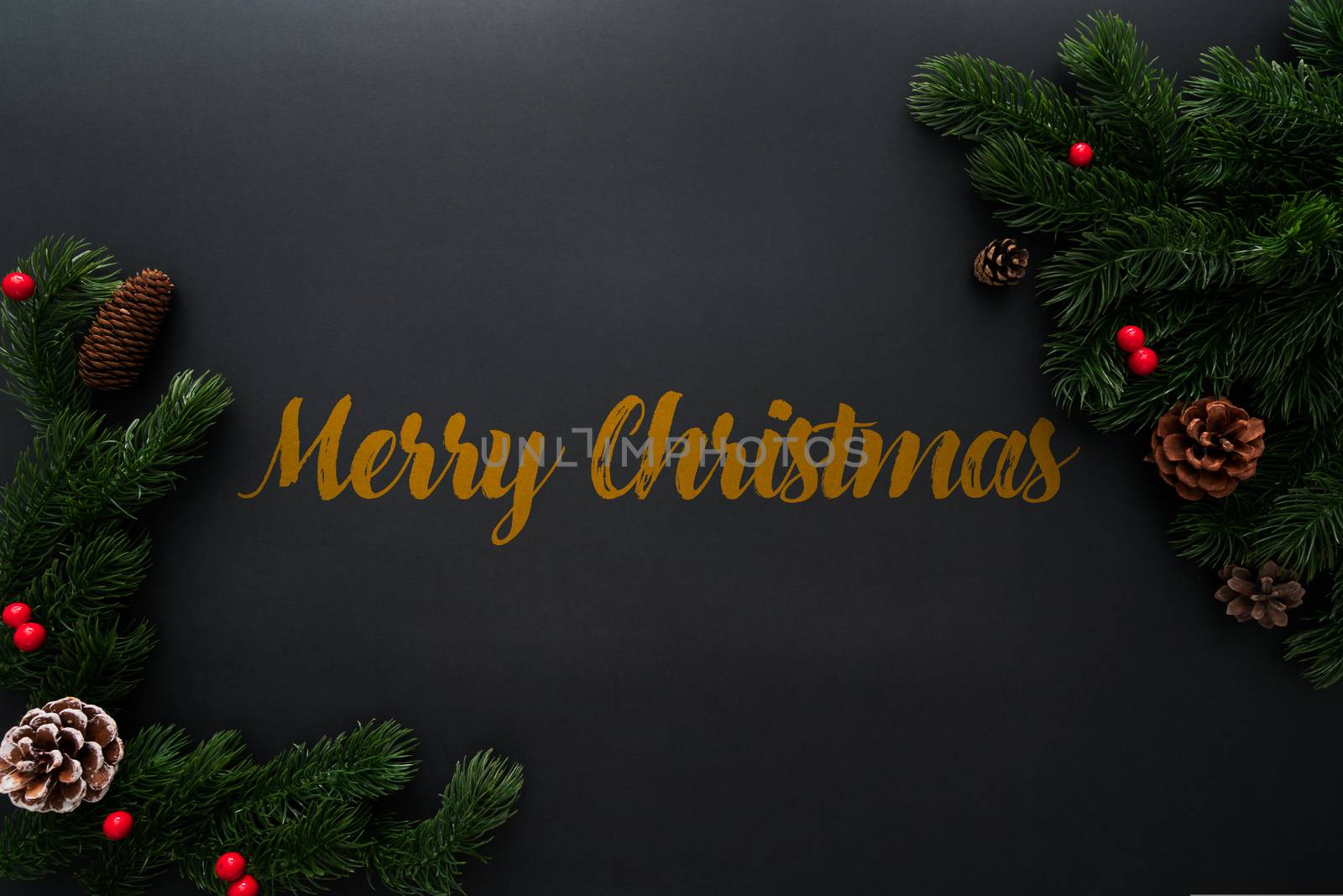 Christmas pine tree with xmas decoration on black background