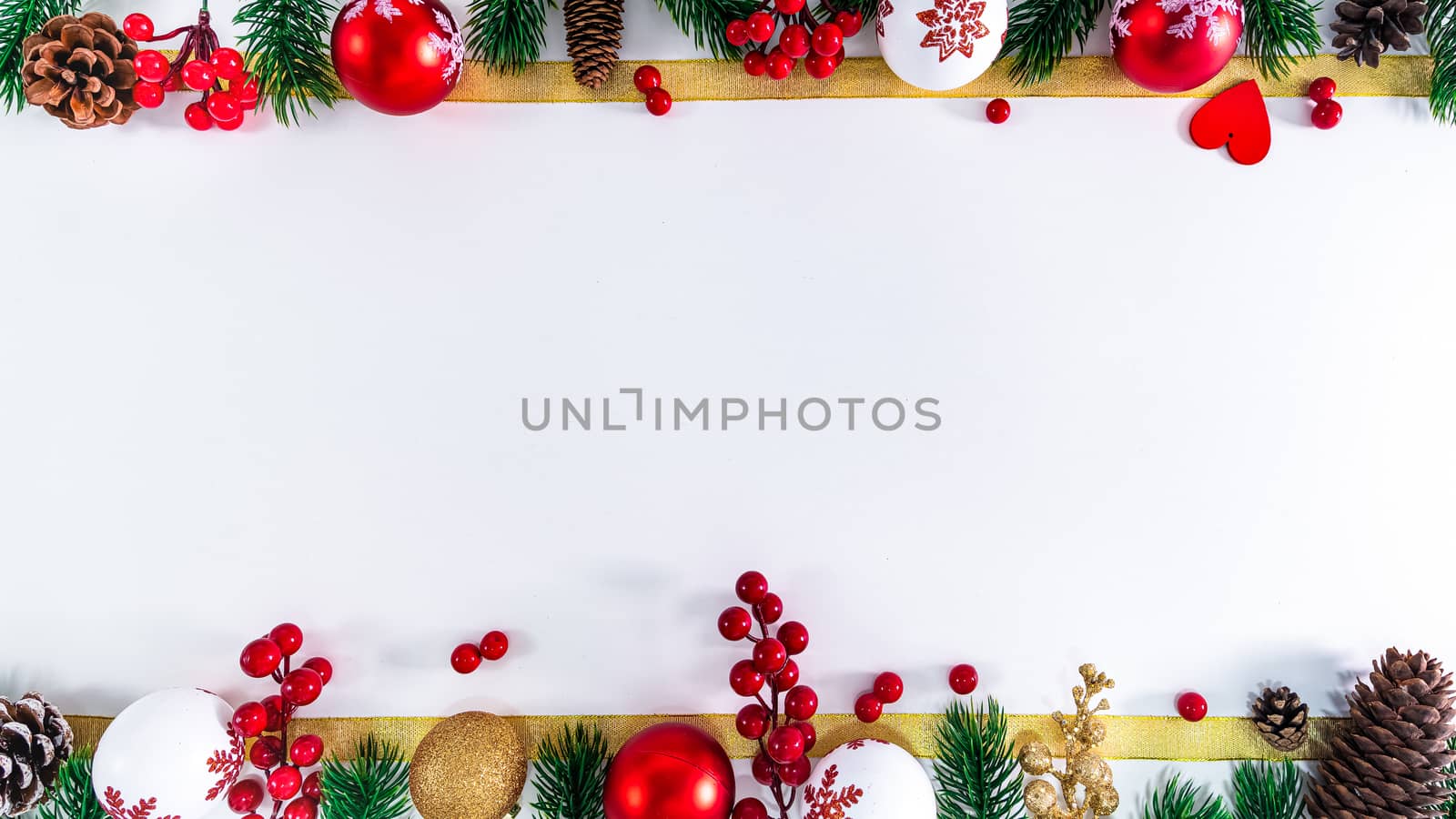 Christmas composition. Christmas ball, pine cones, fir branches on white background. Flat lay, top view, copy space