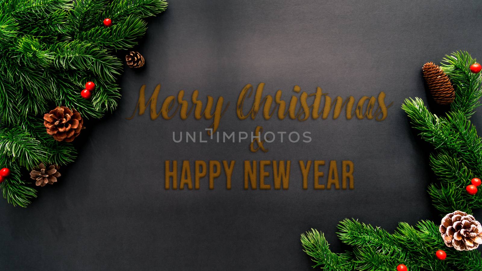 Christmas pine tree with xmas decoration on black background