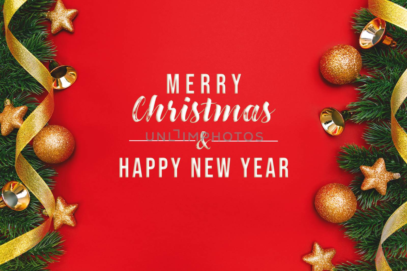 Christmas pine tree with xmas decoration on Red background