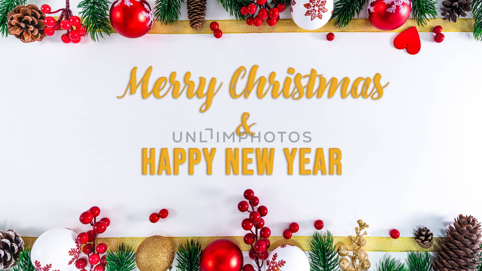 Christmas composition. Christmas ball, pine cones, fir branches on white background. Flat lay, top view, copy space