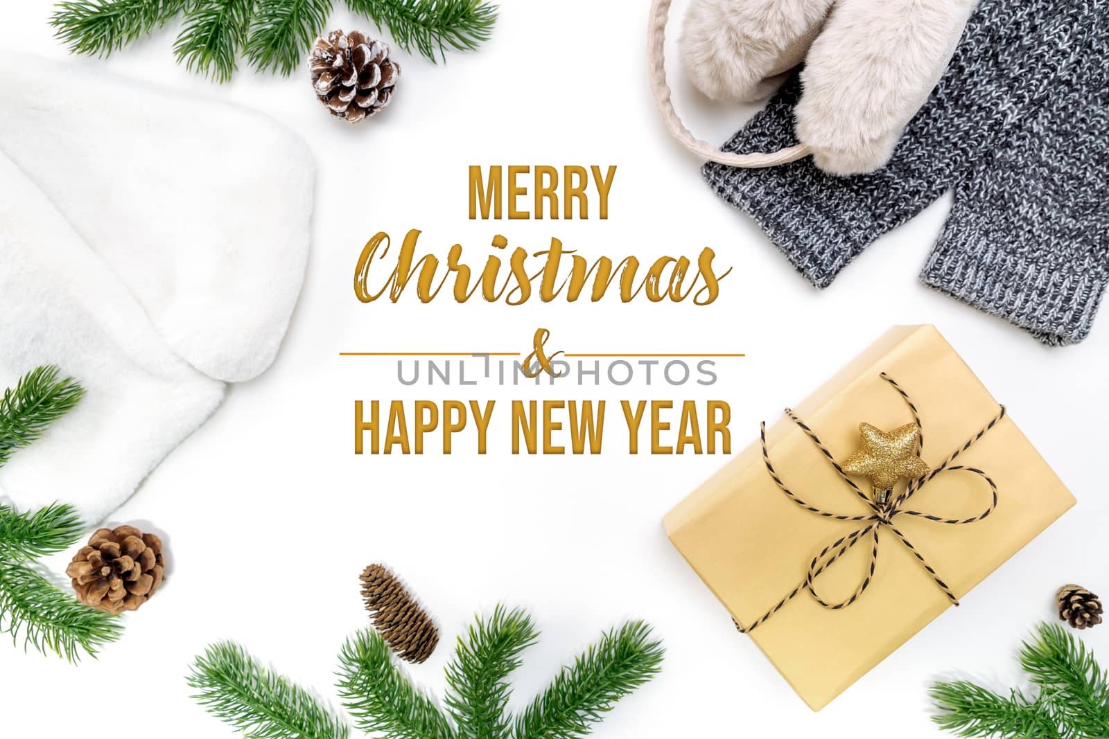 Christmas winter composition. Christmas gifts box with pine cones, fir branches on white background. Flat lay, top view, copy space