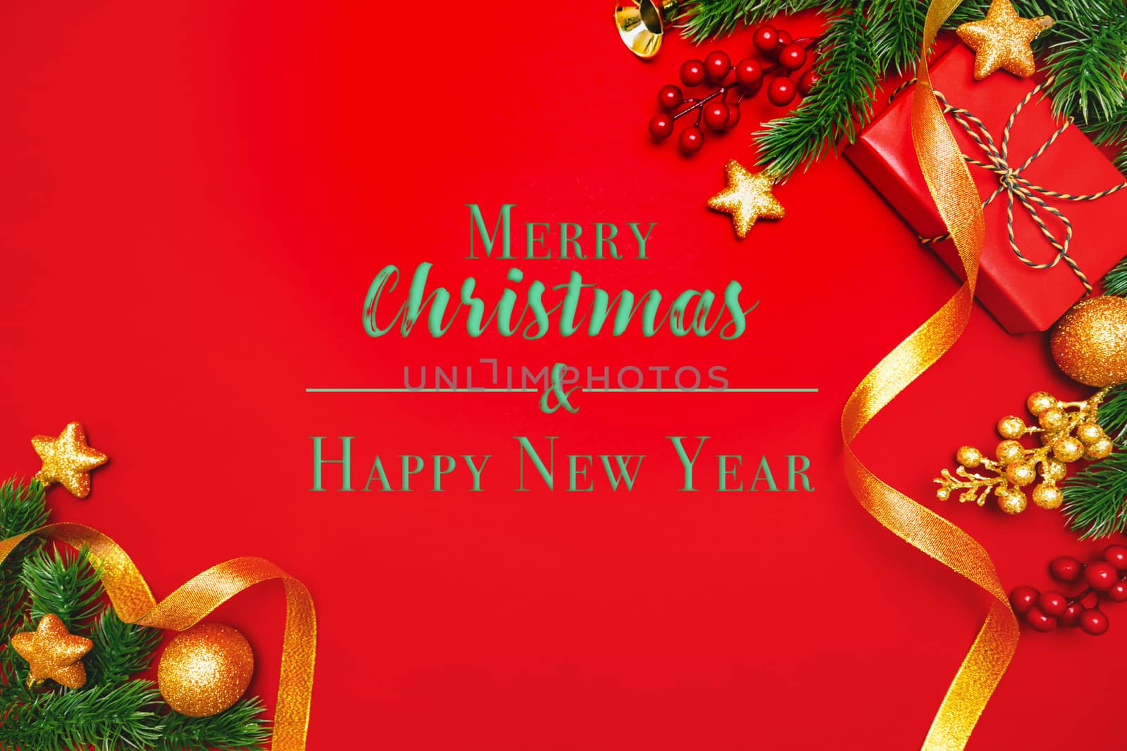 Christmas present and pine tree with xmas decoration on Red background