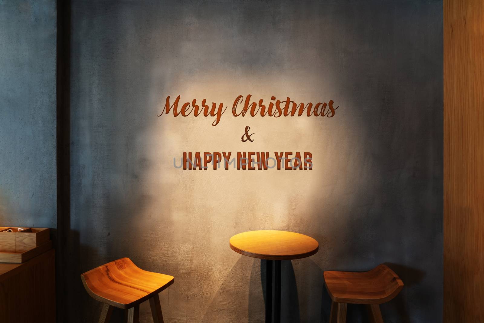 Merry Christmas and Happy New Year concept, wooden table in the corner of coffee shop mockup