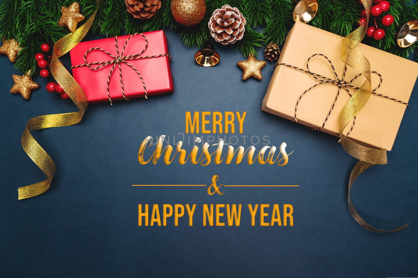 Christmas present and pine tree with xmas decoration on blue background