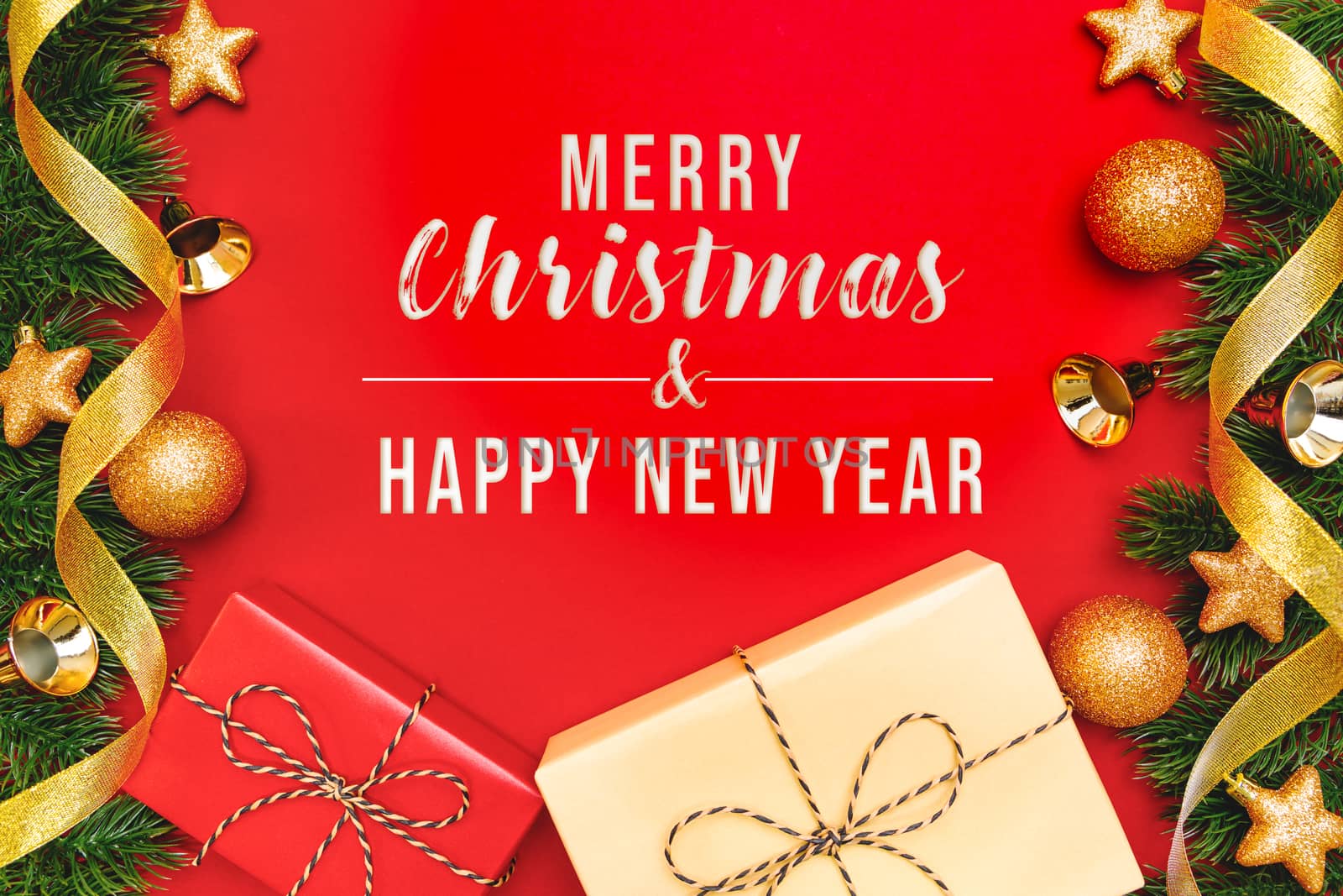 Christmas present and pine tree with xmas decoration on Red background