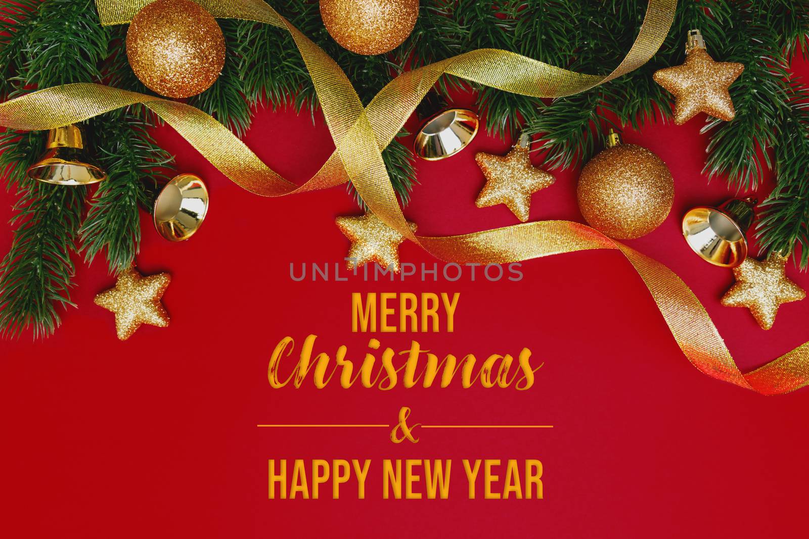 Christmas pine tree with xmas decoration on Red background