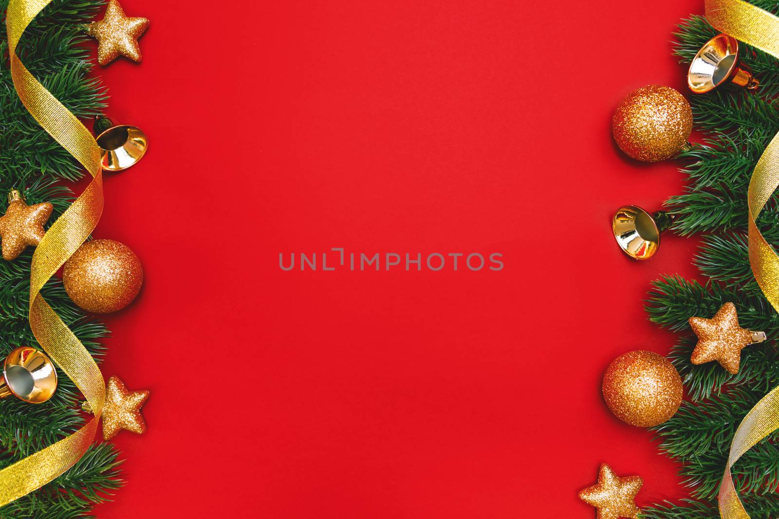 Christmas pine tree with xmas decoration on Red background