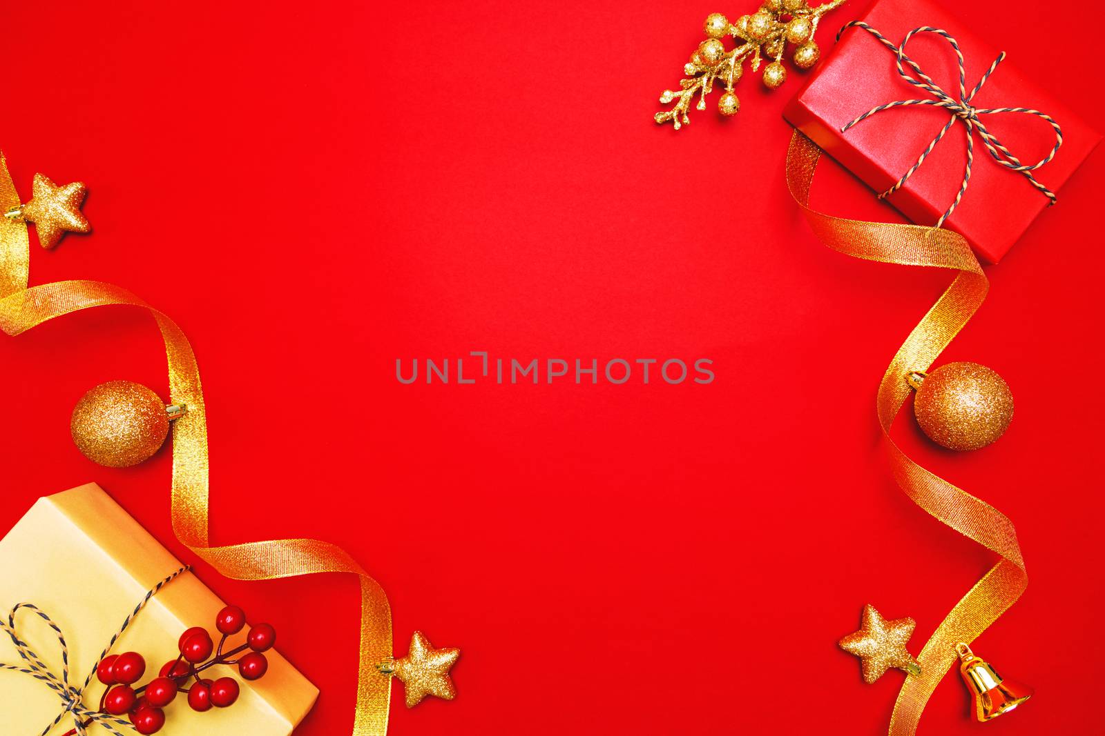 Christmas present and xmas decoration on Red background