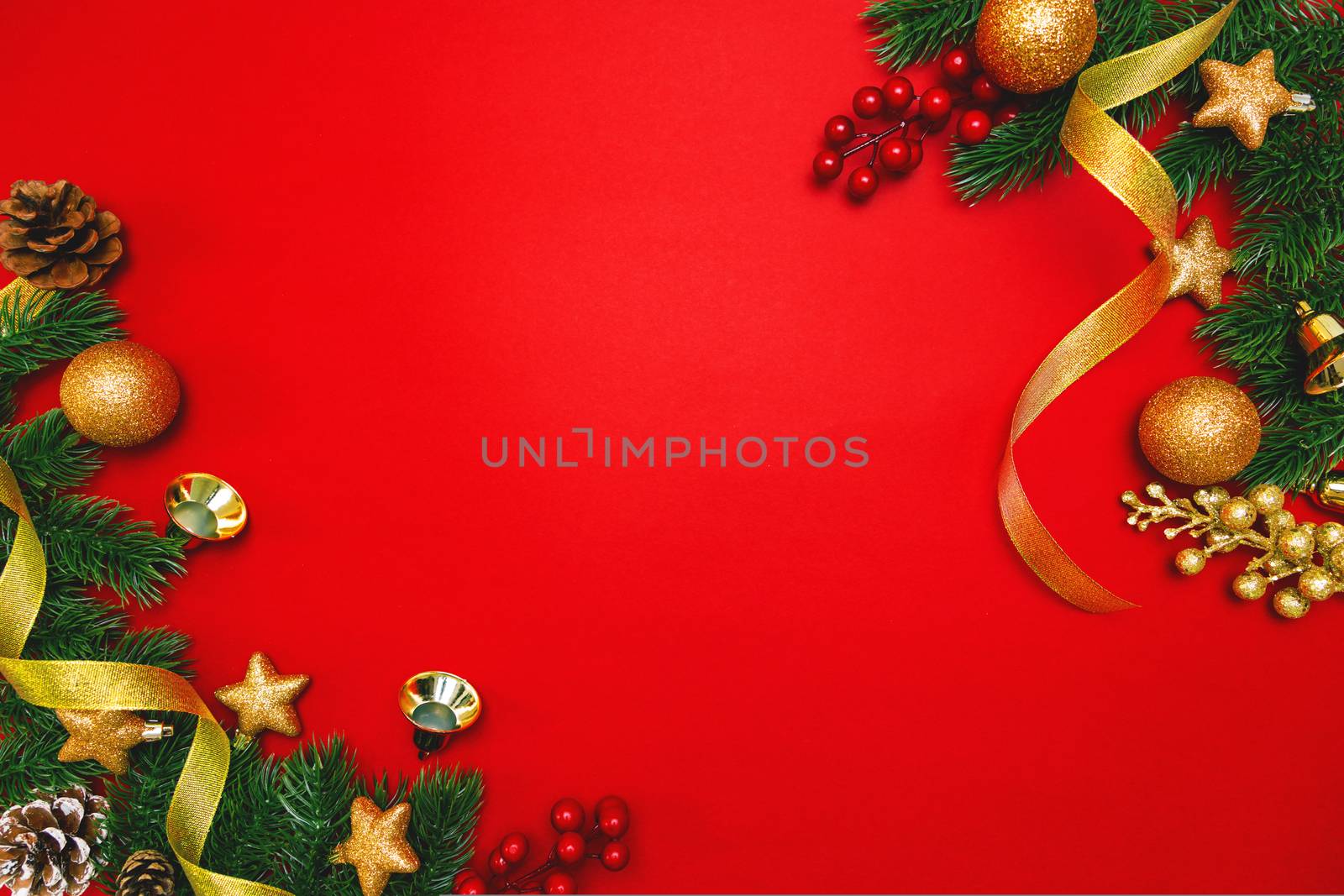 Christmas pine tree with xmas decoration on Red background