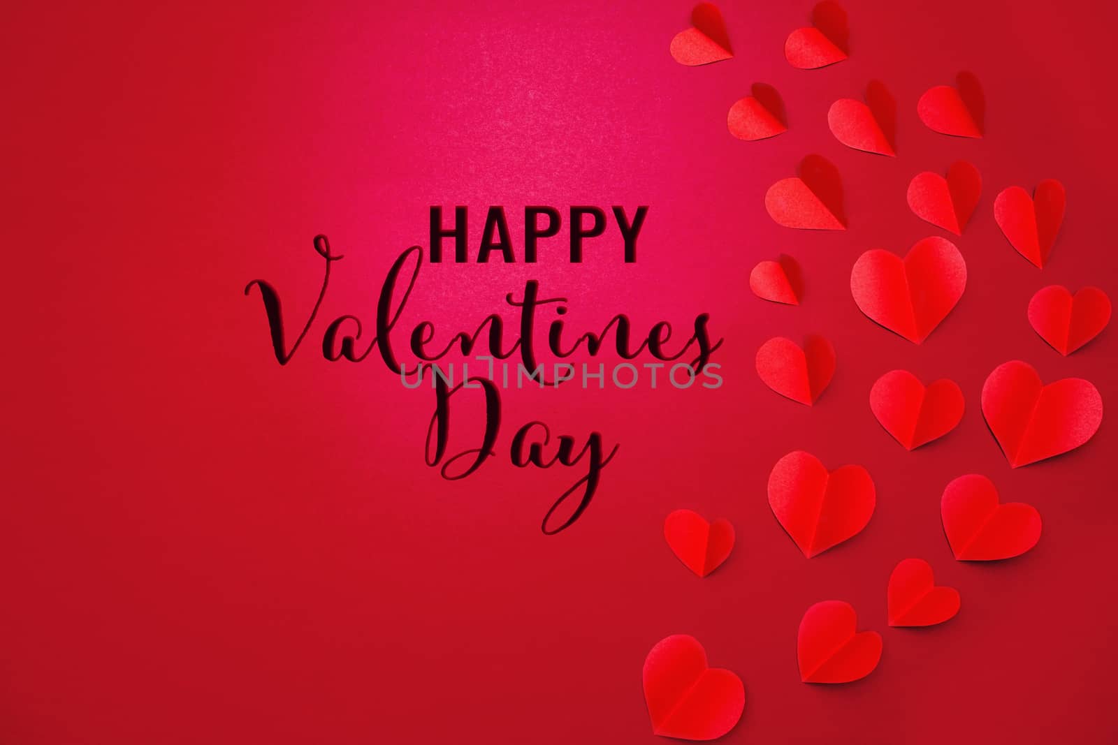 Valentine card with red heart on red background, abstract, flat lay, top view